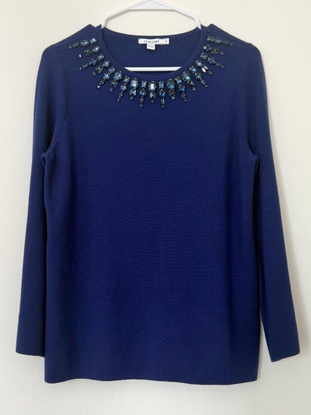 Chico’s Blue Jeweled Embellished Knit Tunic Sweater Size 0 Small